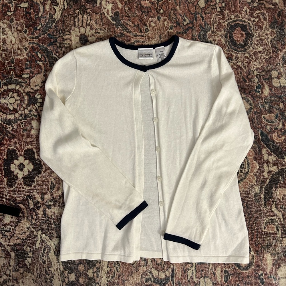 Liz Claiborne Cream Cardigan with Navy Trim